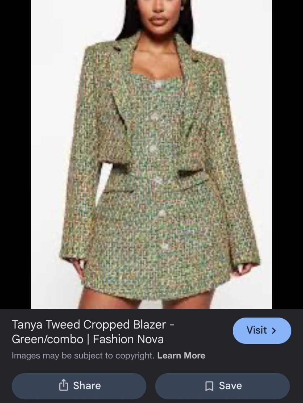 Fashion Nova Green Combo Tweed Cropped Blazer and matching dress nwt medium